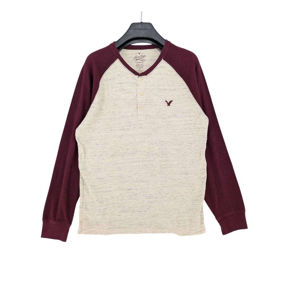 American Eagle Heritage Thermal Henley Shirt Mens XL Burgundy Raglan Long Sleeve